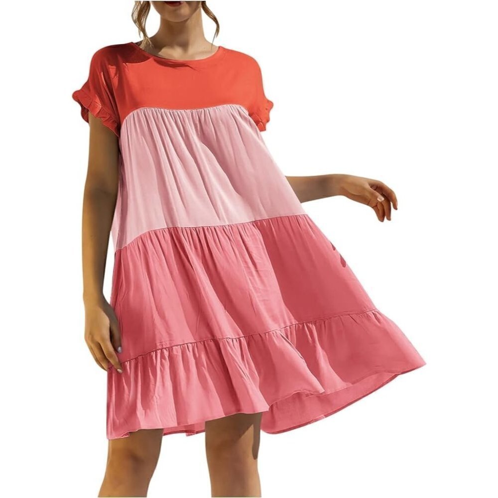 Boutique Red & Pink Ruffle Colorblock Shift Mini Dress S
